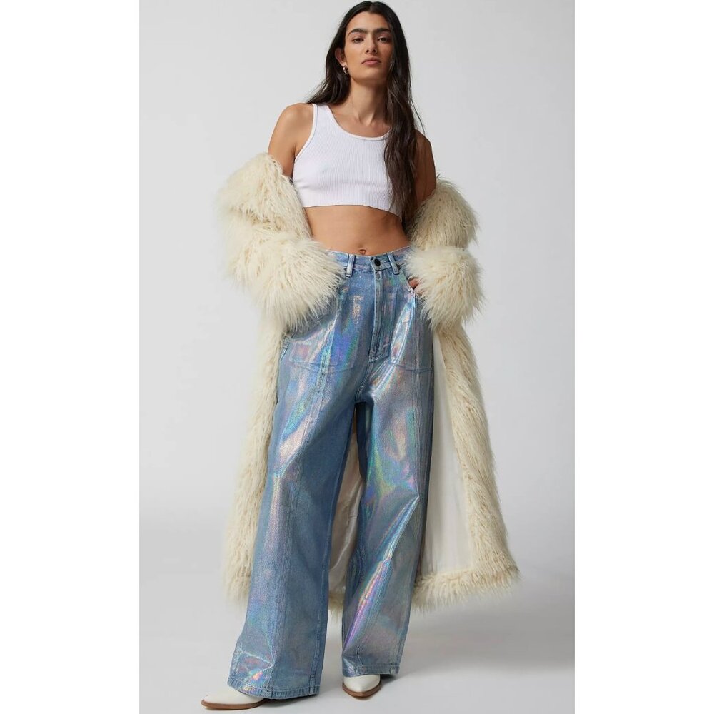 Neon Denim Brand Wide Leg Jeans Leroi Holographic Metallic High Rise Baggy NWT